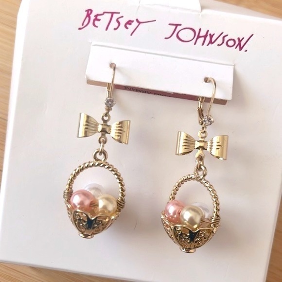 Brand New Betsey Johnson Easter Egg Basket Gold Tone Spring Bows Drop Earrings - Picture 5 of 14